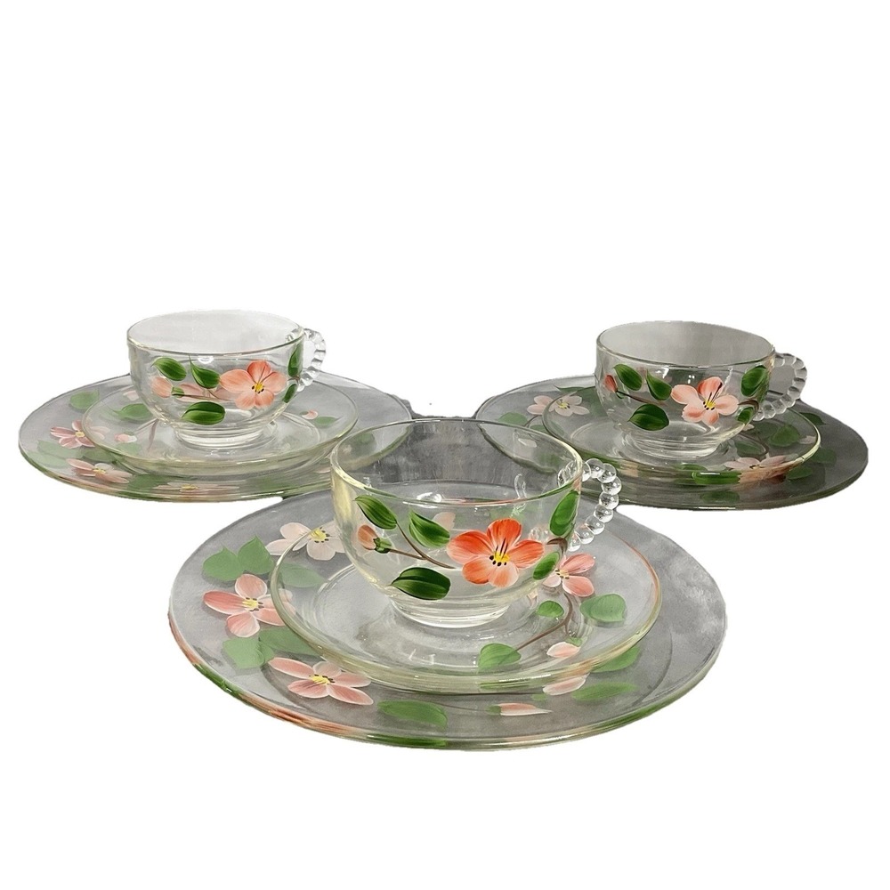 VTG Hand Painted 3 Pc Glass Tea Set Cups,Saucers & Plates Floral Beaded Handle 3